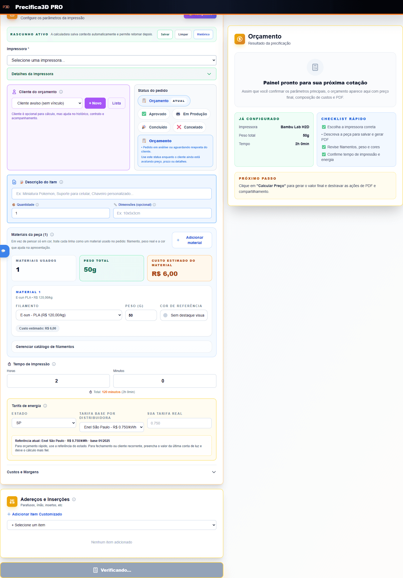 Área principal da calculadora do Precifica3D