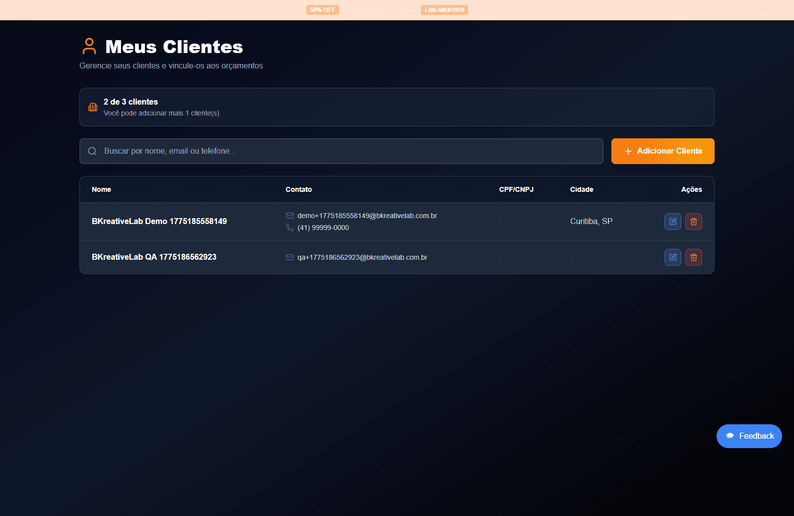 Gestão de clientes no Precifica3D