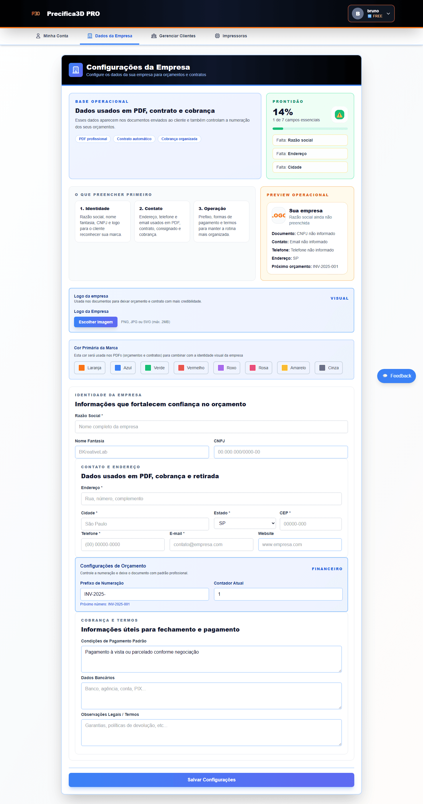 Configurações da empresa no Precifica3D